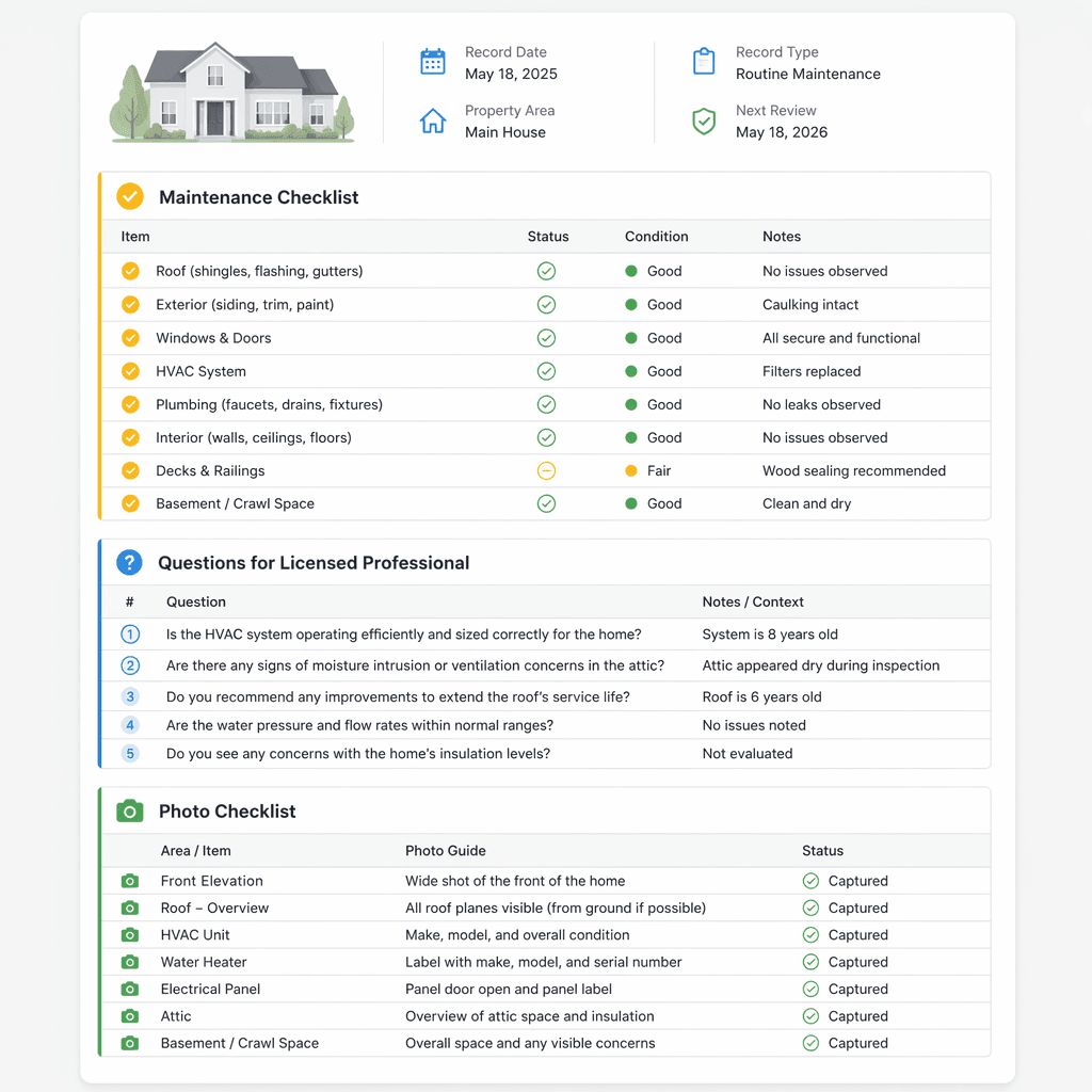 Generated record, question list and photo checklist