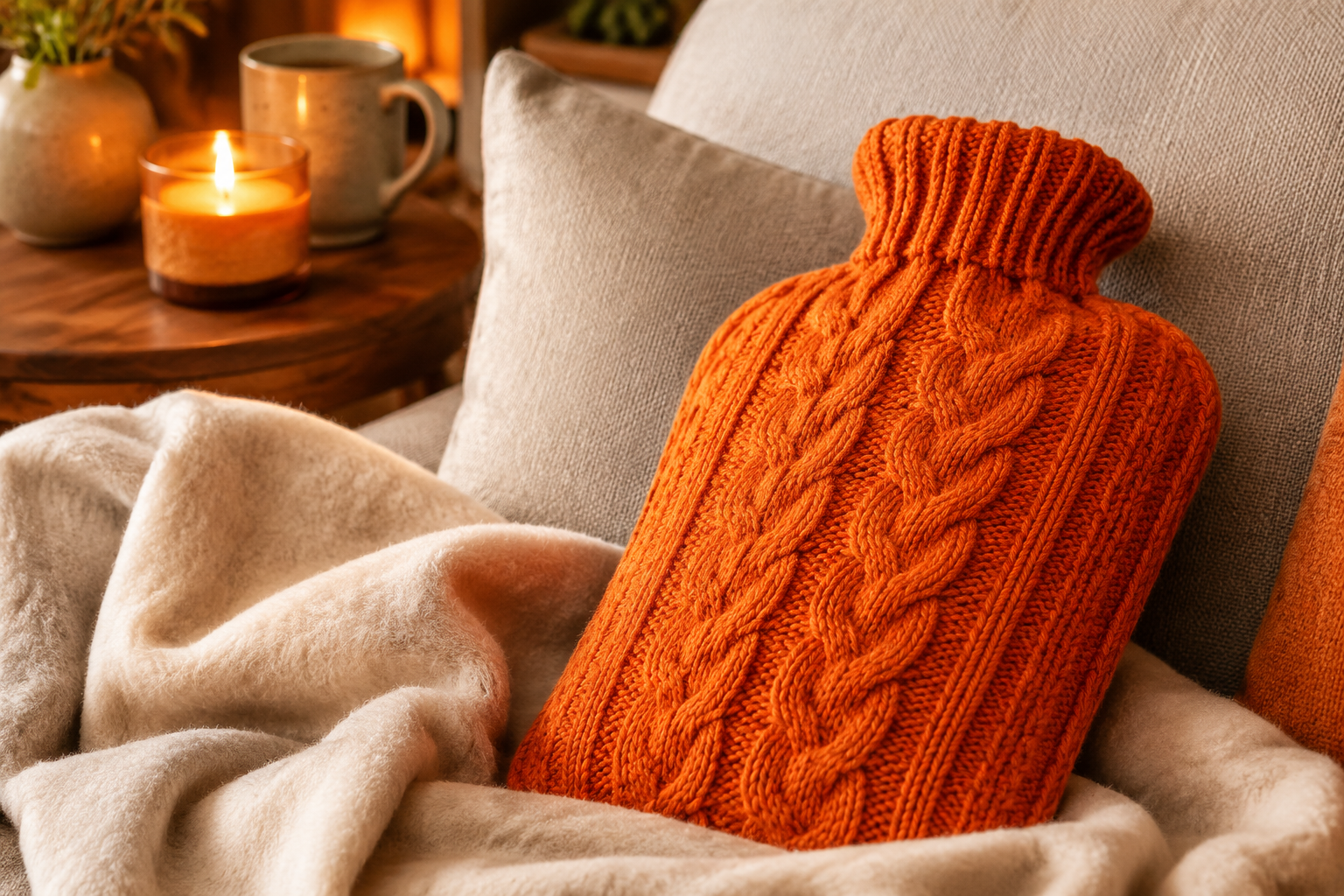 Hot Water Bottle & Knit Cover in use